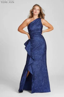 Jacquard One Shoulder Side Ruffle Gown
