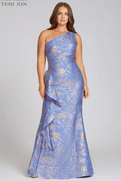 Jacquard One Shoulder Side Ruffle Gown