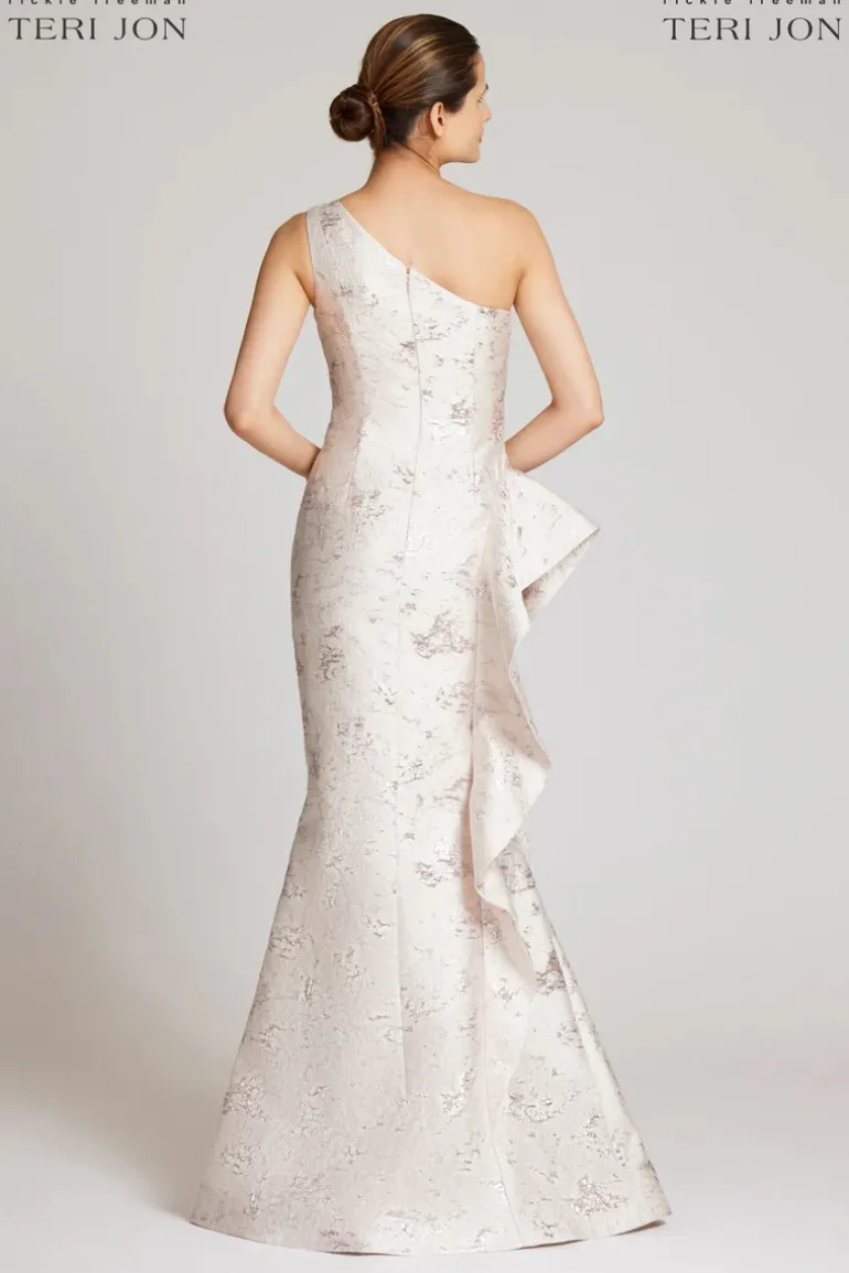 Jacquard One Shoulder Side Ruffle Gown