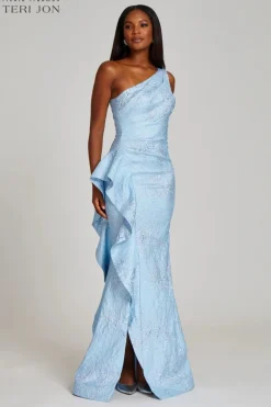 Jacquard One Shoulder Side Ruffle Gown