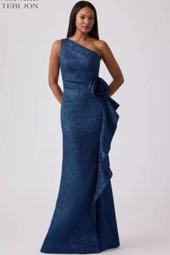 Jacquard Side Ruffle Gown with 3D Drape