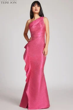 Jacquard Side Ruffle One Shoulder Gown