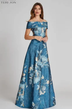Large Floral Pattern Jacquard Off the Shoulder Gown