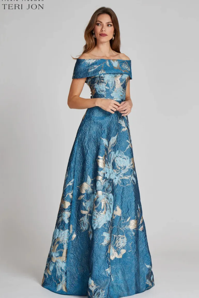 Large Floral Pattern Jacquard Off the Shoulder Gown