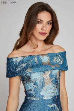 Large Floral Pattern Jacquard Off the Shoulder Gown
