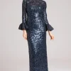 Long Bell Sleeve Sequin Sheath Gown