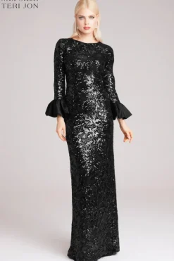 Long Bell Sleeve Sequin Sheath Gown