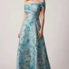 Metallic Jacquard Asymmetrical Off Shoulder Gown