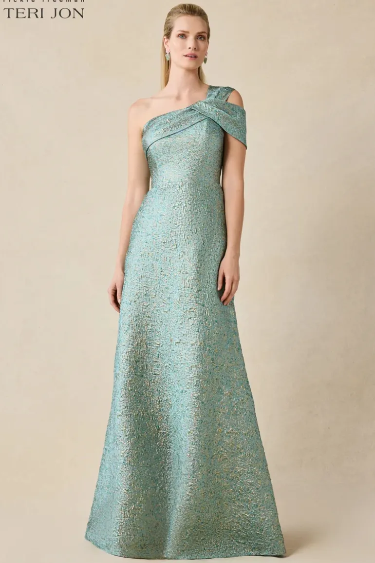 Metallic Jacquard Asymmetrical One Shoulder Evening Gown