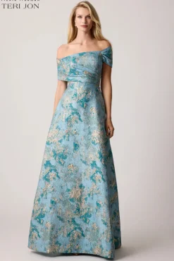 Metallic Jacquard Asymmetrical Off Shoulder Gown