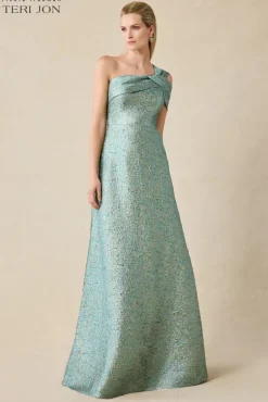Metallic Jacquard Asymmetrical One Shoulder Evening Gown