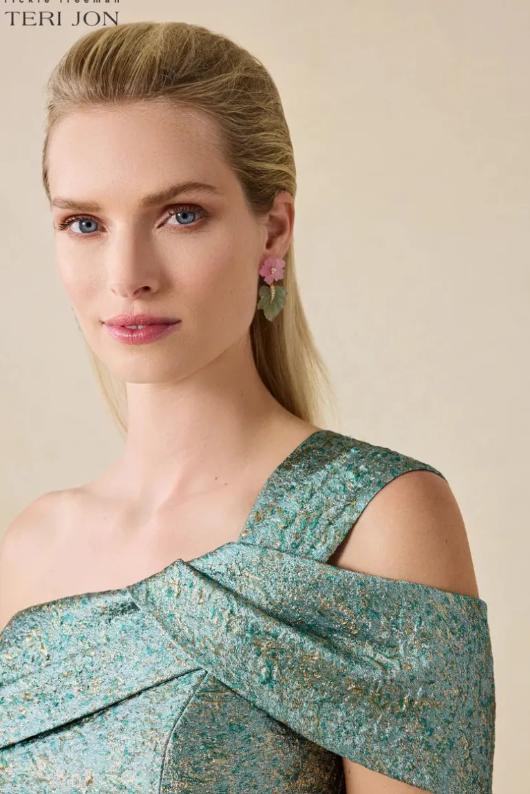 Metallic Jacquard Asymmetrical One Shoulder Evening Gown