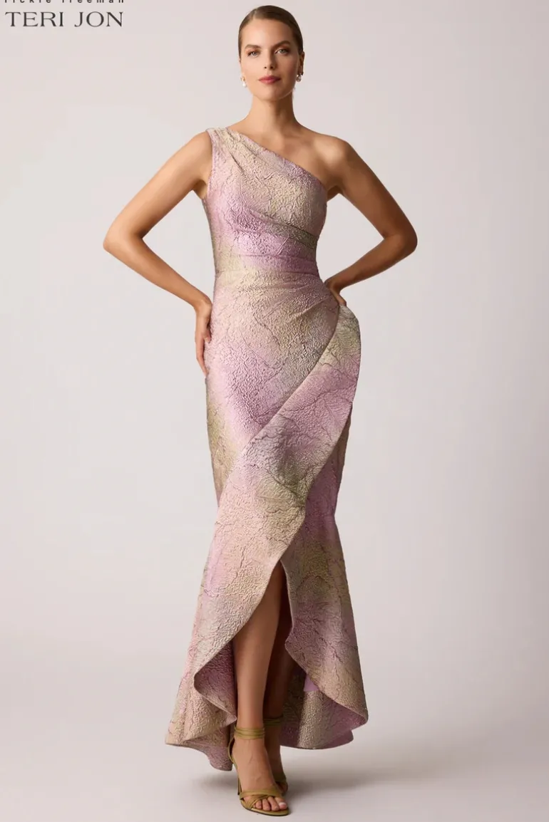 Metallic Jacquard Leaf Pattern Gown