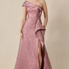 Metallic Jacquard One Shoulder Ruffle Evening Gown
