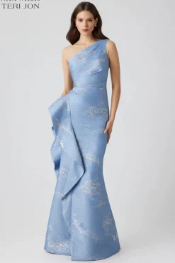 Metallic Jacquard One Shoulder Side Ruffle Gown