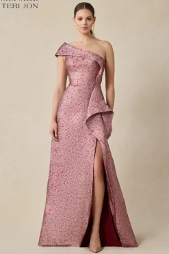 Metallic Jacquard One Shoulder Ruffle Evening Gown
