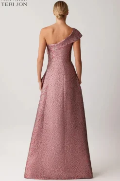 Metallic Jacquard One Shoulder Ruffle Evening Gown