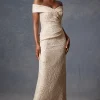 Metallic Jacquard Portrait Collar Side Drape Gown
