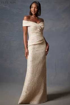 Metallic Jacquard Portrait Collar Side Drape Gown