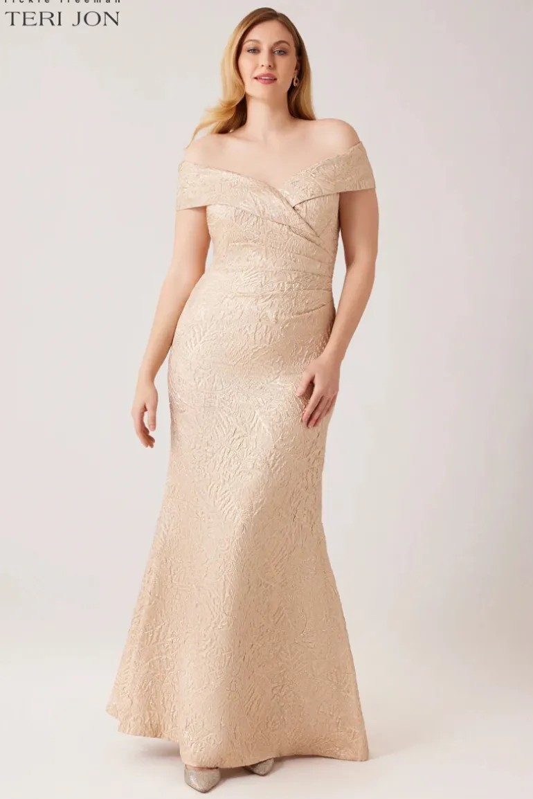 Metallic Jacquard Portrait Collar Side Drape Gown