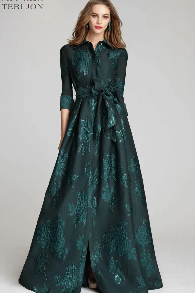 Metallic Jacquard Shirtdress Gown with Floral Print