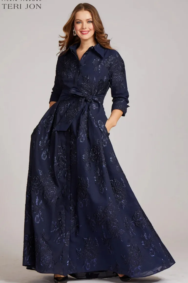 Metallic Jacquard Shirtdress Gown with Floral Print