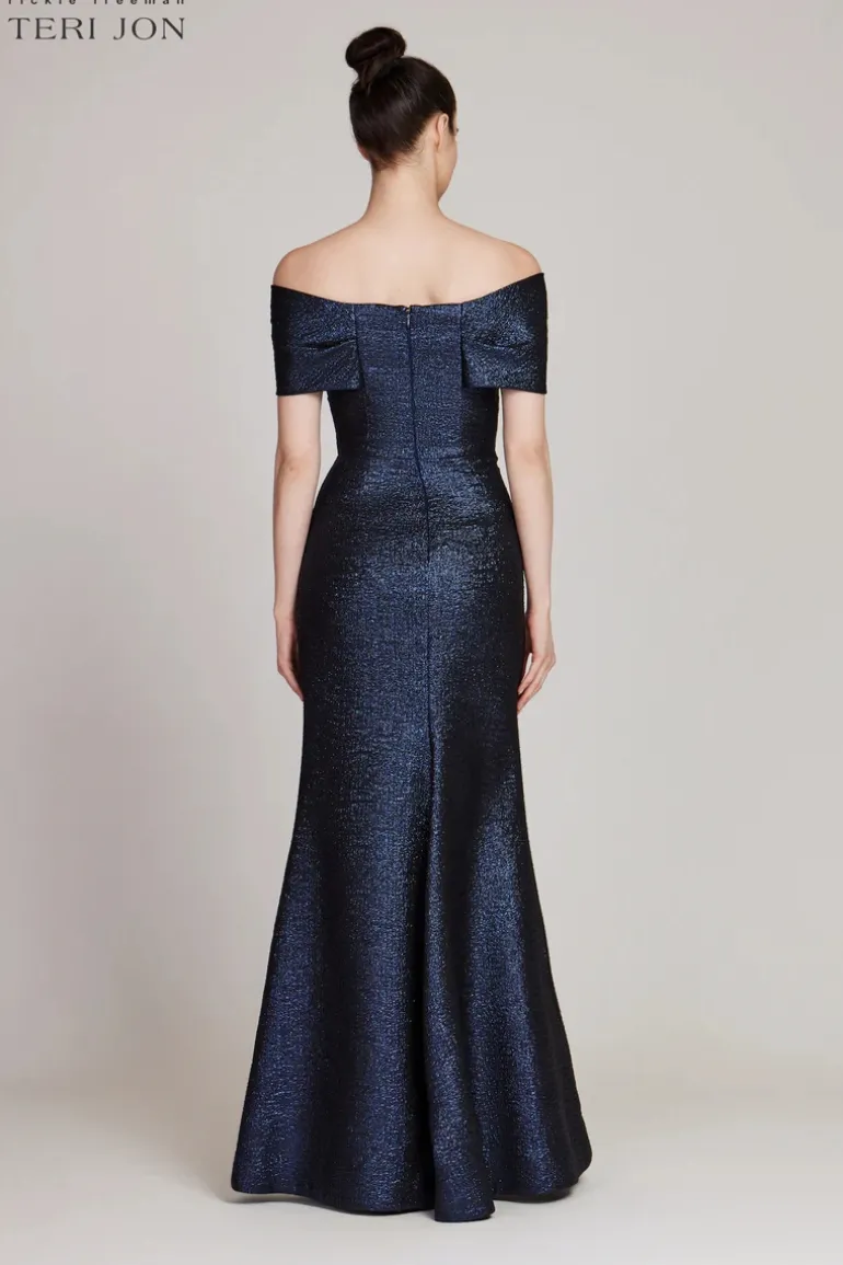 Metallic Jacquard Twist Bodice Off The Shoulder Gown