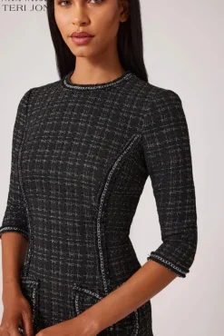 Metallic Plaid Boucle Chain Trim Dress