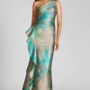 Metallic Starburst Pattern One Shoulder Gown