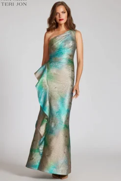 Metallic Starburst Pattern One Shoulder Gown