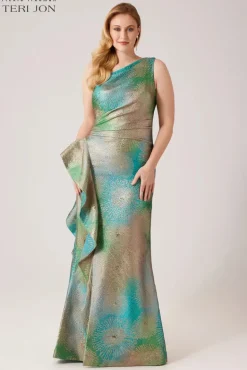 Metallic Starburst Pattern One Shoulder Gown