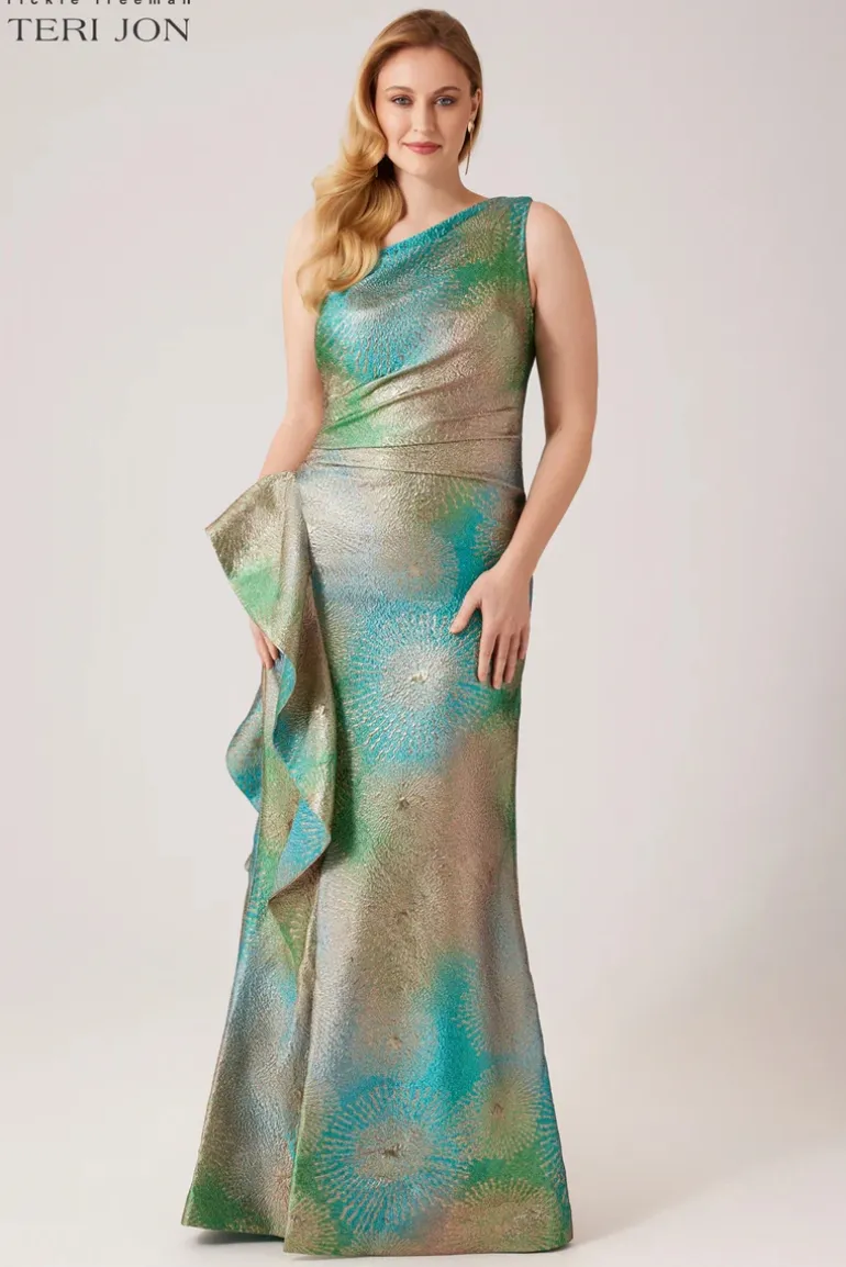 Metallic Starburst Pattern One Shoulder Gown