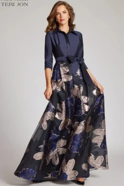 Navy Taffeta Shirtdress with Burnout Floral Print