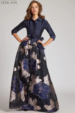 Navy Taffeta Shirtdress with Burnout Floral Print