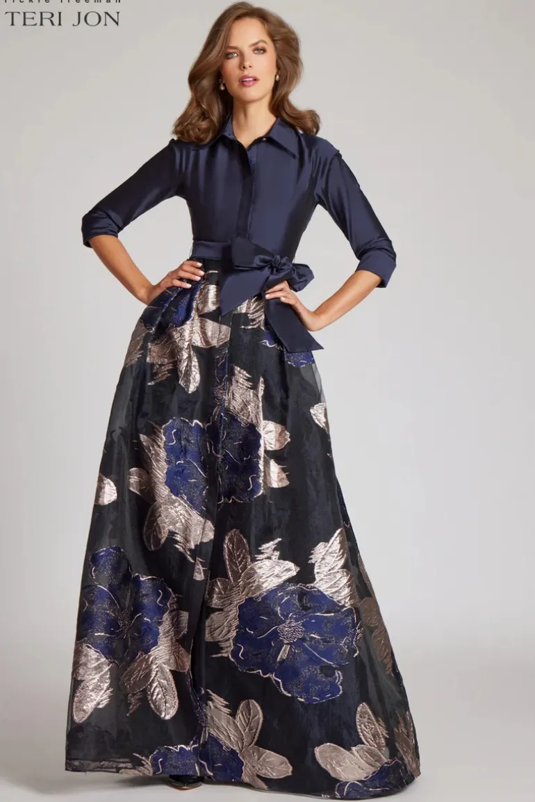 Navy Taffeta Shirtdress with Burnout Floral Print