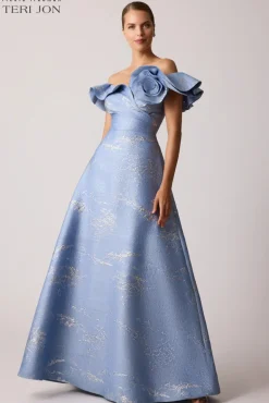 Off Shoulder Jacquard Ruffle Gown With Flower Applique