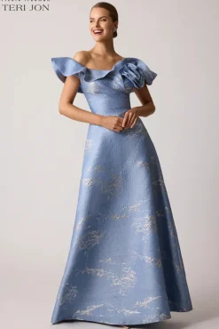Off Shoulder Jacquard Ruffle Gown With Flower Applique