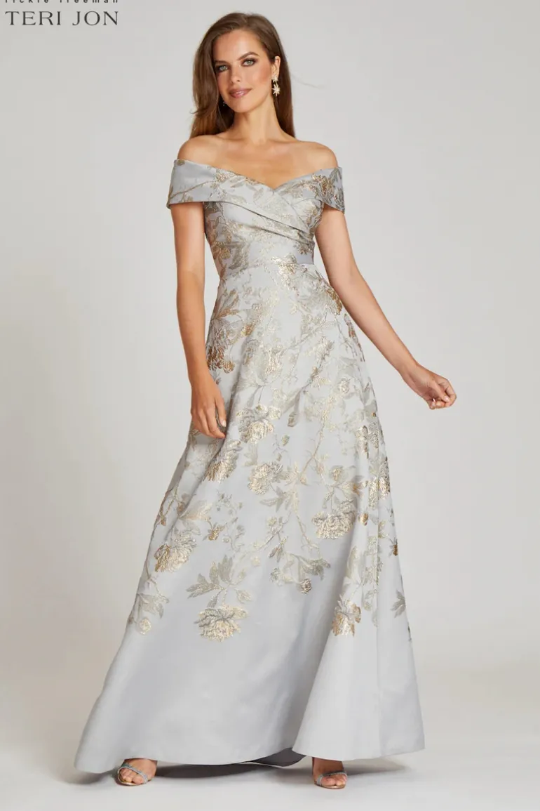 Off The Shoulder Metallic Jacquard A-Line Gown