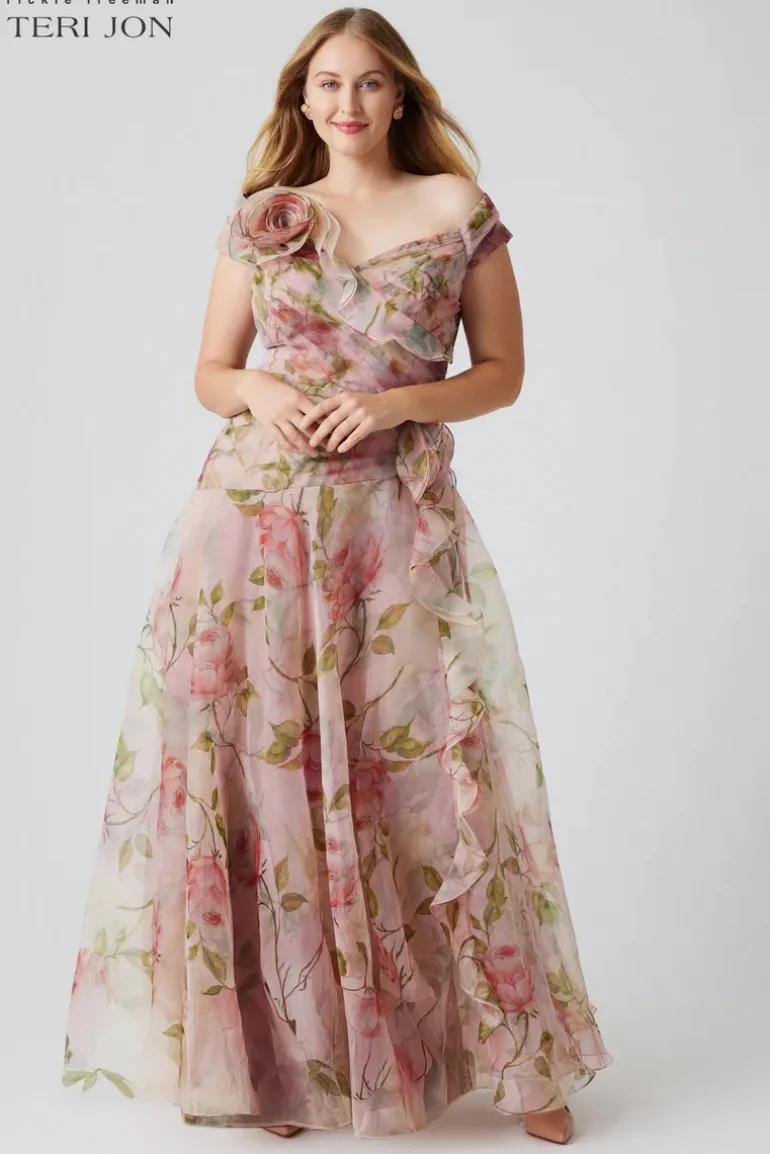 Off the Shoulder Organza Floral Gown
