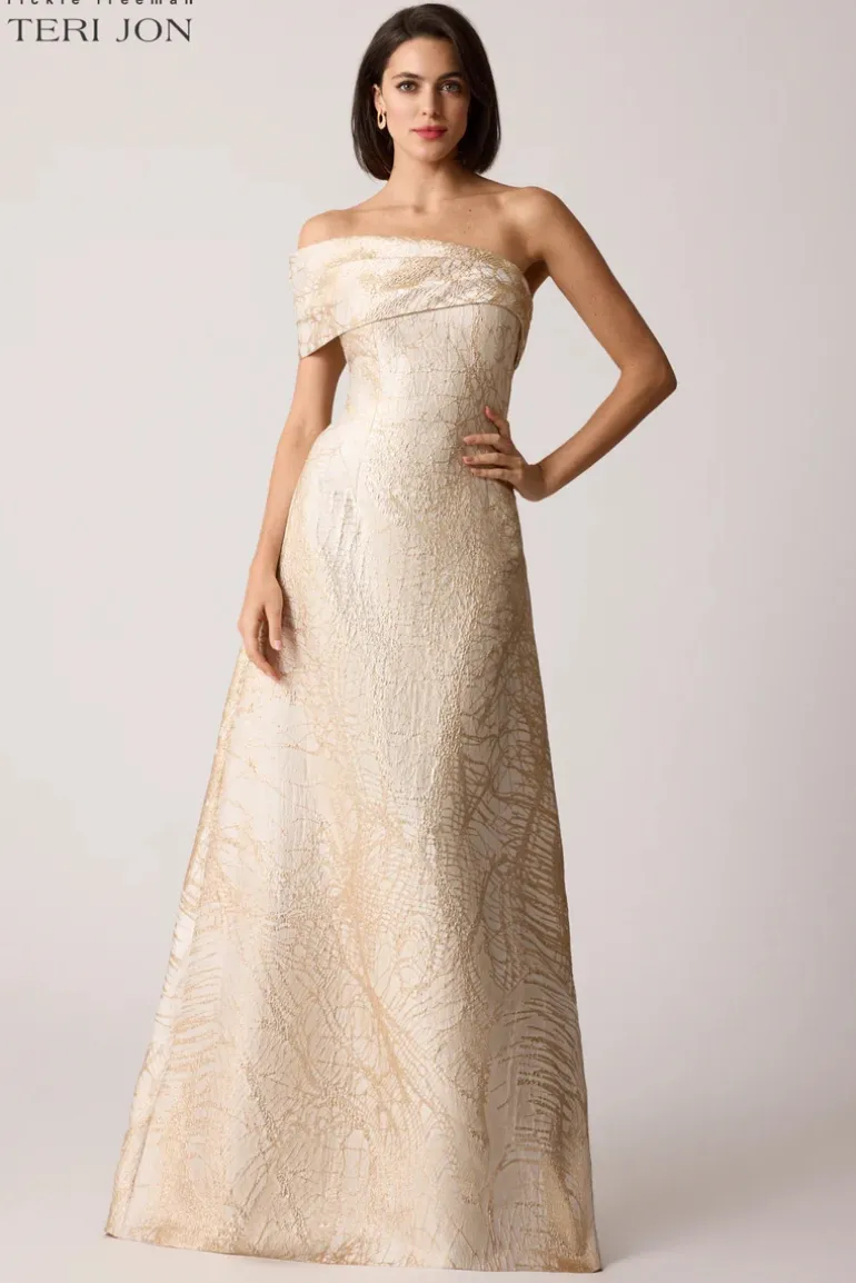 One Shoulder Cuff Jacquard Evening Gown