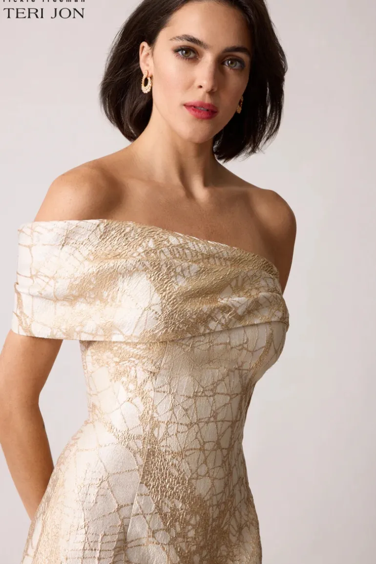 One Shoulder Cuff Jacquard Evening Gown