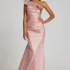 One Shoulder Pleat Draped Stretch Taffeta Gown