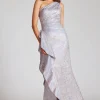 One Shoulder Side Ruffle Jacquard Gown