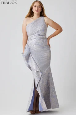 One Shoulder Side Ruffle Jacquard Gown