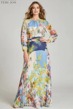 Patchwork Print Pleated Chiffon Maxi Gown