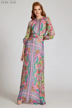 Patchwork Printed Chiffon Pleated Gown