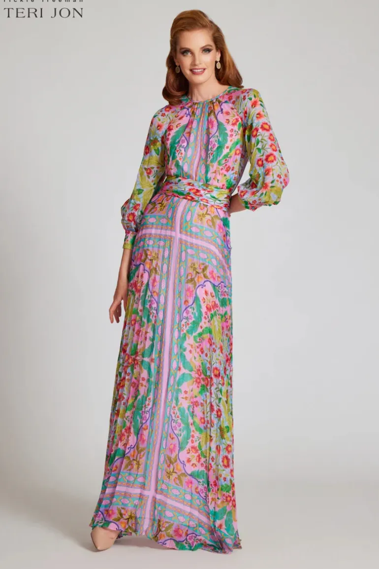 Patchwork Printed Chiffon Pleated Gown