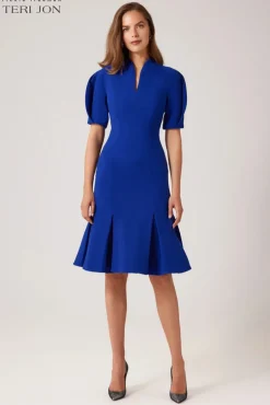 Pebble Stretch Crepe V-Neck Puff Sleeve Dress