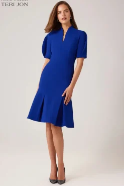 Pebble Stretch Crepe V-Neck Puff Sleeve Dress