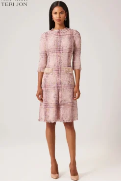 Plaid Pattern Tweed Jewel Neckline 3/4 Sleeve Dress